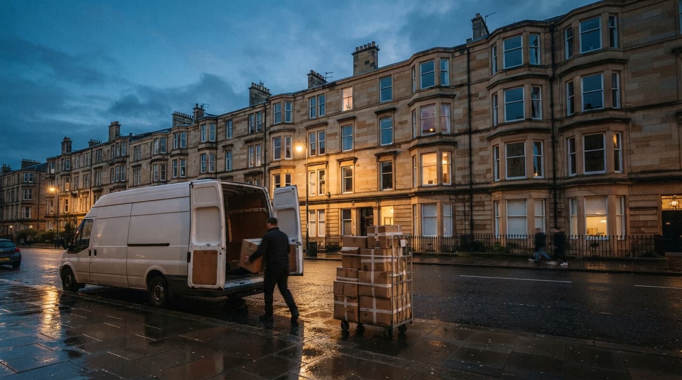 Man and van in Glasgow loading a removals van outside sandstone tenement flats at dusk